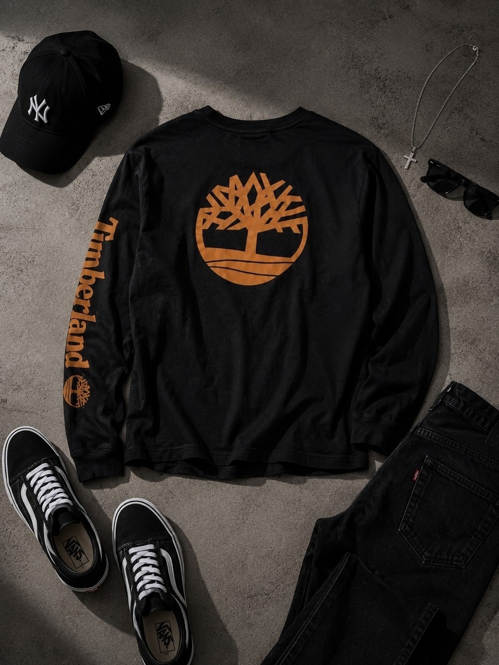 Timberland Black Long Sleeve Cotton Tee Orange Graphic Logo Size Med Boys